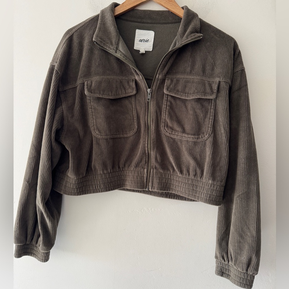Aerie Olive Green‎ Corduroy Cropped Bomber Zip Up Jacket